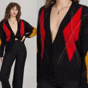 Rafaella Black Cardigan Red and Yellow  VGT Size M Lambwool blend slouchy Grunge